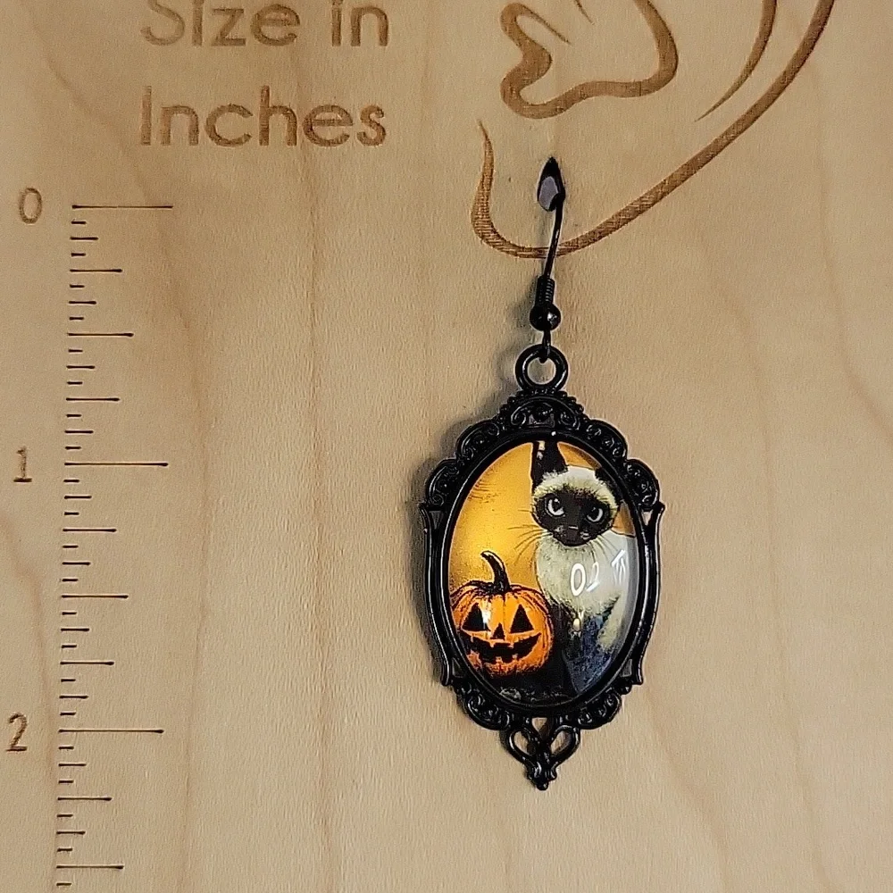 SIAMESE CAT HALLOWEEN PUMPKIN BROOCH DROP EARRINGS